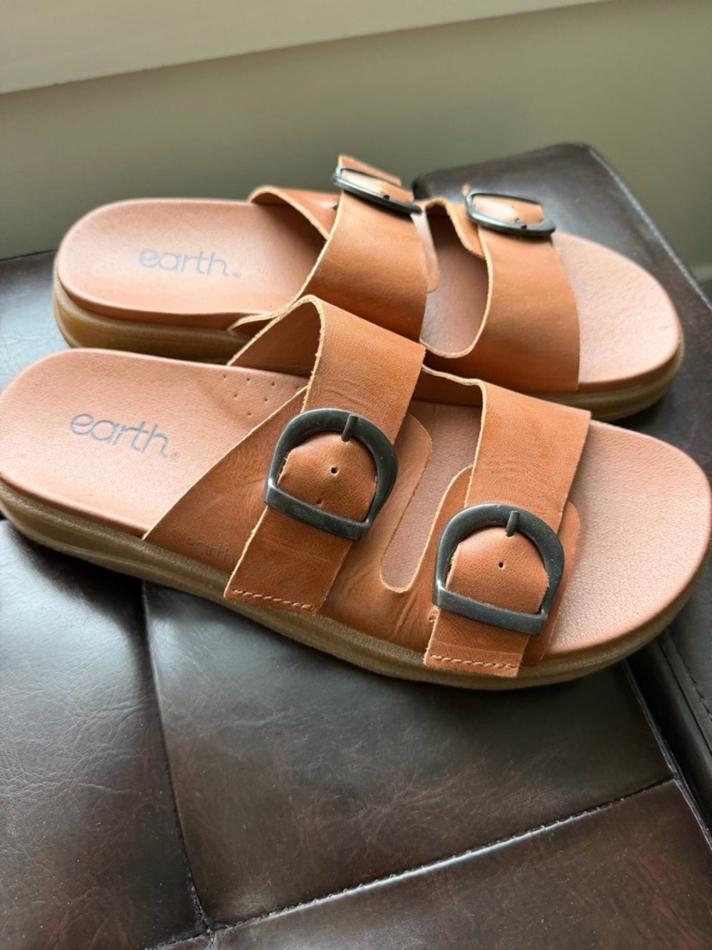 Earth Tan Leather Double-Buckle Slide Sandals - Picture 3 of 3